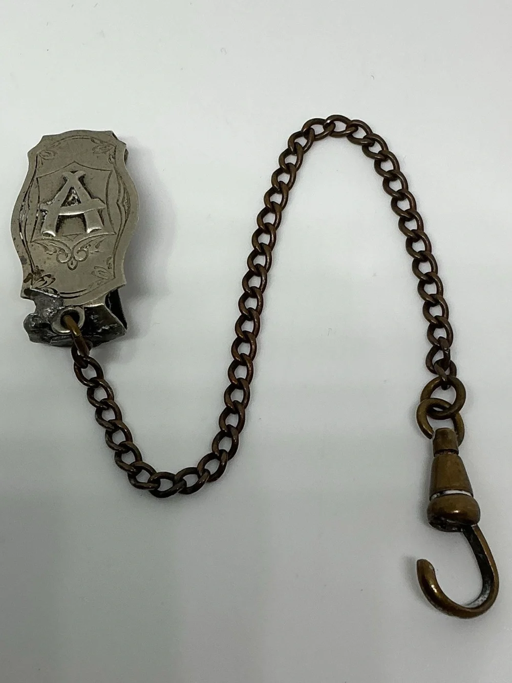 Antique Peerless Monogram “A” Watch Chain Fob Vest Clip Victorian Silver Tone